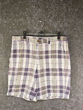 Mens Lands End Flat Front Plaid Shorts, Blue Green White, Size 34